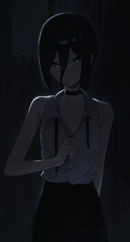 1girl absurdres black_choker black_hair black_shorts breasts chainsaw_man choker commentary_request dark glowing glowing_eyes hair_between_eyes highres light_particles necktie reze_(chainsaw_man) shirt short_hair shorts sleeveless sleeveless_shirt small_breasts smile solo suumon undone_necktie undressing white_shirt