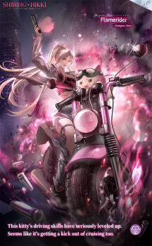 abs arm_up artist_request belt belt_buckle black-framed_eyewear black_boots black_leg_warmers black_shorts blonde_hair boots brown_eyes buckle building cloak denim denim_shorts ear_covers embers explosion fire floating_clothes floating_hair goggles goggles_on_head grey_belt grey_jacket gun handgun happy high_ponytail highres holding holding_gun holding_weapon hood hood_up hooded_cloak jacket leg_warmers lipstick long_hair long_sleeves looking_at_viewer makeup midriff momo_(nikki) motor_vehicle motorcycle multiple_belts night nikki_(series) official_alternate_color official_alternate_costume official_art on_motorcycle outdoors parted_lips pink_cloak pink_fire pink_sports_bra ponytail red_lips riding second-party_source shell_casing shining_nikki short_shorts shorts sidelocks skyscraper smile smoke sparkle sports_bra toned toned_female very_long_hair violence weapon zoey_(shining_nikki)