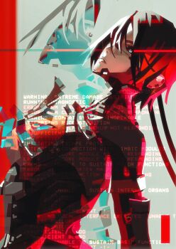 Rule 34 | 1girl, absurdres, android, black hair, elster (signalis), english text, film grain, hair over one eye, highres, low poly, metal skin, negative, robot girl, signalis, solo