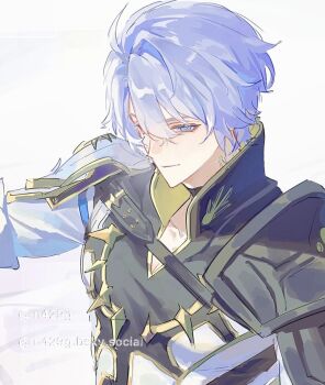 1boy antenna_hair armor black_choker black_shirt blue_eyes bluesky_username choker coat commentary_request highres honkai:_star_rail honkai_(series) male_focus neck_tattoo neglow parted_bangs pauldrons phainon_(honkai:_star_rail) shirt short_hair shoulder_armor single_pauldron solo sun_symbol sun_tattoo tan tattoo twitter_username white_coat white_hair