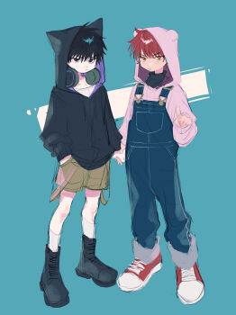 2boys a_nzi_end absurdres aged_down black_boots black_hair black_hoodie blue_overalls boots commentary_request full_body hand_in_pocket headphones headphones_around_neck highres hood hood_up hoodie looking_at_viewer male_focus multiple_boys overalls pink_hoodie red_hair rukawa_kaede sakuragi_hanamichi shoes slam_dunk_(series) sneakers