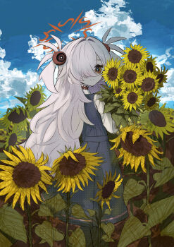 1girl blue_archive blue_dress blue_sky bouquet brown_eyes brown_halo choker closed_mouth cloud collared_shirt commentary_request day dress eyeball_hair_ornament field flower flower_field from_behind grey_hair hair_ornament hair_over_one_eye halo highres holding holding_bouquet holding_flower kanoe_(blue_archive) long_hair looking_back outdoors pinafore_dress protectload shirt sky sleeveless sleeveless_dress smile solo sunflower sunflower_field two_side_up white_shirt