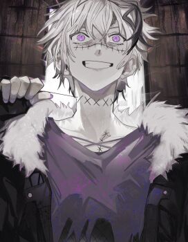 1girl androgynous black_gloves black_hair black_jacket commentary_request fingerless_gloves flower_(vocaloid) fur-trimmed_jacket fur_trim gloves grin highres jacket nisemono_ningen_40_gou_(vocaloid) pale_skin purple_eyes purple_nails purple_shirt shirt smile solo soyaka stitched_neck stitches string upper_body vocaloid white_hair