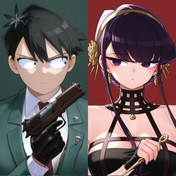 Rule 34 | 1boy, 1girl, alixu fayruz, bare shoulders, black dress, black eyes, black hair, breasts, cosplay, dagger, dress, earrings, formal clothes, gloves, gun, hair ornament, hairband, highres, holding, holding gun, holding weapon, jacket, jewelry, knife, komi-san wa komyushou desu, komi shouko, long hair, long sleeves, multiple girls, necktie, purple hair, red necktie, short hair, simple background, spy x family, stiletto (weapon), suit, tadano hitohito, twilight (spy x family), twilight (spy x family) (cosplay), weapon, yor briar, yor briar (cosplay)