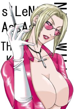1girl blonde_hair blue_eyes breasts catsuit cleavage collarbone cross cross_necklace death_by_degrees earrings female_focus gloves jewelry large_breasts lips lipstick looking_at_viewer makeup namco necklace nina_williams parted_lips pink-tinted_eyewear pink-tinted_glasses pink_catsuit ponytail simple_background solo source_request sunglasses tagme tekken tekken_2 tekken_3 tekken_4 tekken_5 tekken_5_(dark_resurrection) tekken_7 tekken_blood_vengeance tekken_bloodline tekken_tag_tournament tekken_tag_tournament_2 tinted_eyewear upper_body white_background white_gloves