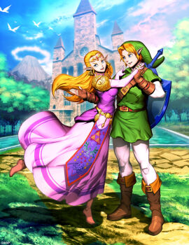 1boy 1girl belt bird blonde_hair blue_eyes boots breasts brown_footwear brown_gloves building couple day dress earrings elf fingerless_gloves full_body genzoman gloves green_headwear green_shirt green_tunic grin happy hat hetero holding holding_behind_back holding_hands holding_sword holding_sword_behind_back holding_weapon holding_weapon_behind_back hylian_shield interlocked_fingers jewelry link long_dress long_hair looking_at_another looking_at_viewer master_sword mountain naughty_face nintendo open_mouth outdoors pantyhose parted_bangs path pink_dress pointy_ears princess_zelda purple_dress red_belt road shield shield_on_back shirt short_hair sky smile standing straight_hair sword temple the_legend_of_zelda the_legend_of_zelda:_ocarina_of_time tiara tree triforce tunic water weapon white_pantyhose