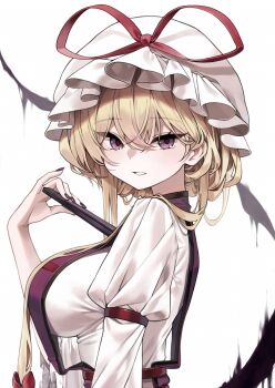 Rule 34 | 1girl, blonde hair, bow, breasts, commentary, dress, folding fan, from side, hair bow, hand fan, hat, hat ribbon, highres, holding, holding fan, large breasts, long hair, looking at viewer, mob cap, pudding (skymint 028), purple eyes, purple nails, purple tabard, red bow, red ribbon, ribbon, simple background, solo, tabard, touhou, upper body, white background, white dress, white hat, yakumo yukari