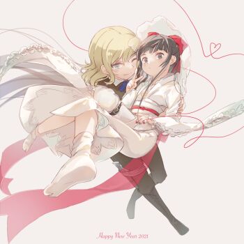 2021 2girls alice_margatroid alternate_costume arm_belt black_boots blonde_hair boots bow carrying closed_mouth commentary_request frilled_sleeves frills hair_bow hakurei_reimu happy_new_year heart heart_of_string highres japanese_clothes karaqia kimono knee_boots lace-up_boots long_sleeves looking_at_viewer multiple_girls new_year obi obijime one_eye_closed pants princess_carry red_bow red_nails sash see-through_clothes see-through_veil shiromuku shirt smile socks string string_of_fate tabi touhou uchikake v veil white_kimono white_shirt white_socks wide_sleeves yuri