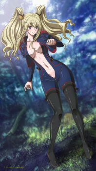 1girl areola_slip black_thighhighs blonde_hair blue_eyes bodysuit boots breasts cleavage code_geass code_geass:_boukoku_no_akito high_heels highres kaname_aomame large_breasts leila_malcal long_hair navel open_bodysuit open_clothes outdoors smile solo thigh_boots thighhighs twintails