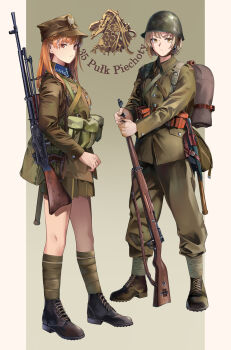 2girls bolt_action brown_jacket brown_skirt check_weapon chinese_commentary combat_helmet commentary_request gun helmet highres jacket long_hair looking_at_viewer machine_gun mauser_98 multiple_girls neko_(yanshoujie) orange_eyes orange_hair original polish_army polish_text rifle skirt weapon weapon_request world_war_ii wz.28