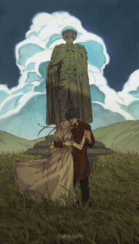 Rule 34 | 1boy, 1girl, blue hair, brown coat, closed eyes, closed mouth, cloud, coat, commentary, cumulonimbus cloud, elf, english commentary, flower wreath, frieren, full body, grass, grey hair, highres, himmel (sousou no frieren), hug, instagram username, lapels, long hair, notched lapels, outdoors, pointy ears, short hair, smile, sousou no frieren, standing, statue, twitter username, very long hair, vey3st, waltz (dance)