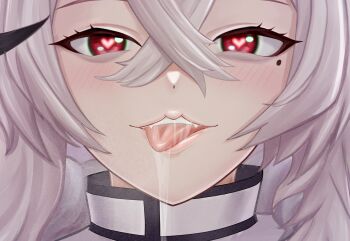 1girl assertive_female azur_lane blush commentary_request crossed_bangs fur_trim gangut_(azur_lane) hair_between_eyes hat heart heart-shaped_pupils highres long_hair looking_at_viewer mikumaushi military_uniform mole mole_under_eye naval_uniform pov red_eyes saliva saliva_trail solo symbol-shaped_pupils tongue tongue_out white_hair white_hat