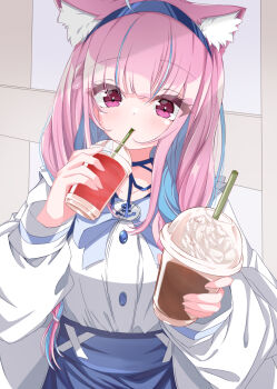 Rule 34 | 1girl, absurdres, ahoge, anchor symbol, animal ears, blue choker, blue hairband, blush, bow, braid, cat ears, choker, colored inner hair, commentary, drinking, frappuccino, frilled sailor collar, frills, h isui, hairband, high-waist skirt, highres, hololive, incoming drink, jacket, long hair, long sleeves, looking at viewer, minato aqua, minato aqua (sailor), multicolored hair, official alternate costume, pink hair, purple eyes, ribbon choker, sailor collar, school uniform, simple background, skirt, solo, twin braids, two-tone hair, virtual youtuber