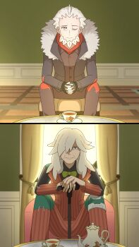 Rule 34 | 2boys, absurdres, az (pokemon), beard, black gloves, bow, bowtie, brown pants, brown shirt, buttons, cane, chair, commentary request, cup, curtains, facial hair, fingerless gloves, fur-trimmed jacket, fur trim, gloves, green bow, green bowtie, grey eyes, grey jacket, hair over one eye, highres, holding, holding cane, ichigo 15 36, indoors, jacket, long hair, long sleeves, lysandre (pokemon), male focus, mature male, multiple boys, nintendo, old, old man, one eye closed, open clothes, open jacket, own hands together, pants, plate, pokemon, pokemon legends: z-a, shirt, short hair, sitting, spoilers, stitched clothes, stitches, striped clothes, striped pants, striped vest, tea, teacup, teapot, vertical-striped clothes, vertical-striped pants, vertical-striped vest, vest