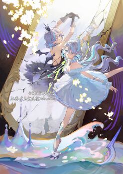 2girls absurdres ahoge arabesque_(pose) arm_up arms_up backless_dress backless_outfit ballerina ballet_slippers black_dress black_gloves black_wings blue_eyes blue_hair broken_mirror brooch chinese_commentary commentary_request cosplay crown demon_wings detached_collar different_reflection dress drop-shaped_pupils dual_persona earrings en_pointe feather_hair_ornament feathers full-length_mirror furina_(genshin_impact) genshin_impact gloves hair_between_eyes hair_ornament heterochromia highres homura2414 jewelry long_hair looking_at_viewer mini_crown mirror mismatched_pupils mixed-language_commentary multicolored_hair multiple_girls odette_(swan_lake) odette_(swan_lake)_(cosplay) odile_(swan_lake) odile_(swan_lake)_(cosplay) outstretched_arms outstretched_leg parted_lips partial_commentary reflection russian_commentary short_hair smile standing standing_on_one_leg strapless strapless_dress streaked_hair swan_lake symbol-shaped_pupils white_dress white_hair white_wrist_cuffs wings wrist_cuffs