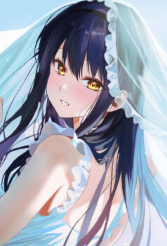 1girl absurdres adapted_costume back bare_shoulders black_hair black_hairband blush commentary_request dress eyelashes floating_hair frilled_dress frilled_veil frills from_behind hair_between_eyes hair_over_shoulder hairband happy highres kushima_kamome lips long_hair looking_at_viewer looking_back miiizuno_lbs parted_lips sleeveless sleeveless_dress smile solo straight_hair summer_pockets sundress tsurime upper_body veil white_dress white_veil yellow_eyes