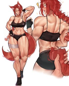 1girl abs absurdres animal_ears armpits blush braid braided_ponytail breasts commentary commission deccatezu english_commentary fingerless_gloves gloves highres large_breasts looking_at_viewer multiple_views muscular muscular_female navel open_mouth original red_hair simple_background tail tongue white_background yellow_eyes