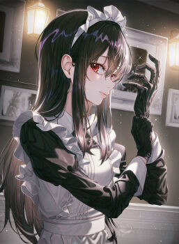 1girl absurdres adjusting_clothes adjusting_gloves apron black_gloves black_hair breasts closed_mouth commentary eichi_(skskdi12z) glove_pull gloves highres indoors long_hair long_sleeves maid maid_headdress medium_breasts original picture_frame red_eyes solo upper_body