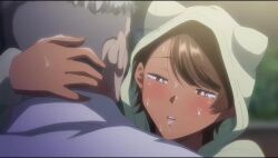 1boy 1girl animal_hood animated brown_eyes brown_hair green_hoodie heavy_breathing hetero highres hood hood_up hoodie hug katou_mio_(seika_jogakuin_kounin_sao_ojisan) night on_lap outdoors park seika_jogakuin_kounin_sao_ojisan sex sound tagme video