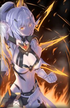 1girl absurdres armor breasts cleavage clenched_hand closed_mouth commentary english_commentary erdos_helia erdos_helia_(planar_armament:_warped_spacetime) fire floating floating_object floating_weapon gauntlets hair_between_eyes hair_ornament high_ponytail highres honkai_(series) honkai_impact_3rd long_hair looking_at_viewer midartistlvl1 navel orange_eyes ponytail shorts sidelocks solo weapon white_hair yellow_eyes
