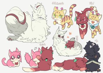 1boy 4girls :3 animal animal_ears animal_focus animalization antennae ayase_momo ayase_seiko black_choker black_fur book bow bowtie brown_fur cat cat_ears cat_tail choker commentary dandadan earrings english_commentary fangs from_behind glasses grandmother_and_granddaughter green_bow green_bowtie green_eyes grey_background highres intertwined_tails jewelry kai_(huikuai2) looking_at_another lying lying_on_another multiple_girls multiple_views no_humans on_stomach pink_fur red_bow red_bowtie red_eyes shiratori_aira_(dandadan) simple_background sleeping star_(symbol) star_in_eye symbol_in_eye tail takakura_ken_(dandadan) vamola_(dandadan) white_fur yellow_fur zzz