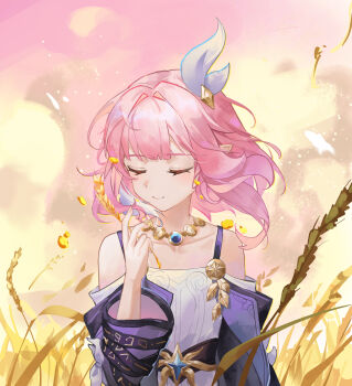 Rule 34 | 1girl, absurdres, breasts, chinese commentary, coat, collarbone, commentary request, cyrene (aedes elysiae) (honkai: star rail), cyrene (honkai: star rail), dress, hair ornament, highres, holding wheat, honkai: star rail, honkai (series), jewelry, medium hair, multicolored hair, necklace, outdoors, pink hair, pink sky, pointy ears, purple coat, sky, small breasts, smile, solo, two-tone hair, upper body, wheat, wheat field, white dress, white hair, xianluojimaomao2333