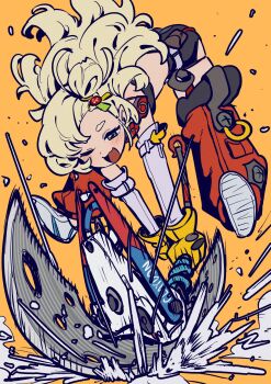 1girl axe black_shorts blonde_hair blush crop_top debris detached_pants detached_sleeves gloves goggles goggles_around_neck hair_ornament hairpin highres hitting holding holding_axe holding_weapon jumping one_eye_closed oogushi_aritomo open_mouth pants piper_wheel red_pants shoes shorts solo weapon white_shoes yellow_background yellow_gloves zenless_zone_zero