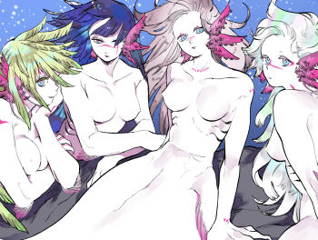 4girls animal_ears arm_fins blue_background blue_eyes blue_hair body_markings breasts closed_mouth completely_nude curious eyeliner facial_mark fins gills green_hair grey_hair hair_over_one_eye hand_on_own_cheek hand_on_own_face head_rest highres leaning_forward light_particles long_hair looking_at_viewer looking_to_the_side makeup medium_breasts mermaid monster_girl multicolored_eyes multicolored_hair multiple_girls nipples nkvoop nude original pink_eyes rock sitting smile streaked_hair submerged underwater webbed_hands white_hair