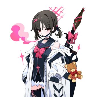 1girl absurdres alternate_costume alternate_hairstyle backpack bag bandaged_neck bandages bare_shoulders black_thighhighs blue_archive bow bowtie brown_eyes brown_hair cigarette colored_smoke commentary_request cowboy_shot fur-trimmed_shorts fur_trim halo hands_in_pockets highres jacket jacket_partially_removed korean_commentary magical_girl medium_hair misaki_(blue_archive) open_clothes open_jacket pink_bow pink_bowtie pink_halo rocket_launcher rpg_(weapon) sailor_collar school_uniform serafuku shirt short_twintails shorts simple_background sleeveless sleeveless_shirt smoke smoking solo stuffed_animal stuffed_toy syk teddy_bear thighhighs thighs torn_clothes torn_thighhighs twintails weapon white_background white_jacket