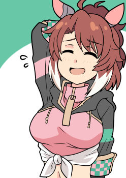 1girl absurdres ahoge animal_ears arm_behind_head black_shrug blush bow breasts brown_hair checkered_ribbon closed_eyes dantsu_flame_(center_spotlight)_(umamusume) dantsu_flame_(umamusume) ear_covers ear_ornament ear_ribbon hair_between_eyes highres horse_ears horse_girl large_breasts midriff multicolored_hair navel open_mouth pink_shirt shirt shrug_(clothing) simple_background smile solo tied_shirt umamusume upper_body wakku_kan white_hair white_shirt
