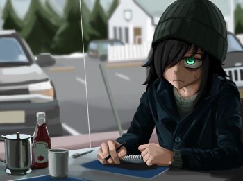 1girl autumn bags_under_eyes beanie black_hair black_hat car depressed diner doomer green_eyes hat highres house jacket ketchup kuroki_tomoko kurokimoko mojyo motor_vehicle parody sad self-upload solo sports_utility_vehicle watashi_ga_motenai_no_wa_dou_kangaetemo_omaera_ga_warui! writing