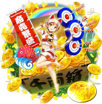 1girl animal_ears arrow_(projectile) barefoot bell calico_(pattern) cat_ears cat_girl cat_tail coin crop_top fish full_body game_cg glint gold goutokuji_mike highres jingle_bell koban_(gold) leg_up looking_at_viewer maneki-neko medium_skirt multicolored_hair multicolored_shirt multicolored_shorts multicolored_skirt multicolored_tail navel neck_bell official_art open_mouth orange_eyes patch patchwork_clothes paw_pose paw_print puffy_short_sleeves puffy_sleeves rotte_(1109) short_hair short_sleeves shorts skirt smile solo standing standing_on_one_leg streaked_hair tail target third-party_source tiptoes toes touhou touhou_lostword translation_request transparent_background white_hair