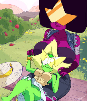 2girls absurdres afro black_hair blonde_hair blush breasts colored_skin denim food forehead_jewel fruit garnet_(steven_universe) gem glasses gloves green_skin hat highres huge_breasts inker_comics jacket jeans medium_breasts multiple_girls outdoors panties pants peridot_(steven_universe) red_skin shirt skirt smile steven_universe strawberry sun_hat thighs underwear white_skirt yellow_shirt