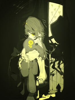 1girl blonde_hair bug child colored_inner_hair colored_sclera commentary_request dark different_shadow hair_intakes highres holding holding_stuffed_toy indoors korean_commentary moshinya_32 multicolored_hair nightgown original pale_skin silk solo spider spider_web standing stuffed_animal stuffed_rabbit stuffed_toy yellow_sclera