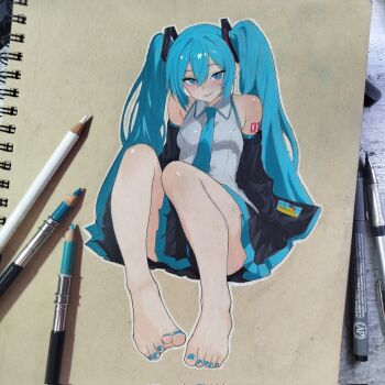 1girl aqua_eyes aqua_hair aqua_nails aqua_necktie ashwin_artss bare_legs barefoot black_skirt blue_eyes blush breasts collared_shirt detached_sleeves double-parted_bangs feet full_body grey_shirt hair_between_eyes hatsune_miku highres knees_up long_hair looking_at_viewer nail_polish necktie pencil photoshop_(medium) pleated_skirt shirt sitting skirt sleeveless sleeveless_shirt small_breasts smile solo toenail_polish toenails toes traditional_media twintails very_long_hair vocaloid