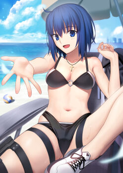 1girl absurdres ahoge bare_shoulders beach besmiled bikini black_bikini blue_eyes blue_hair blue_sky blush breasts c.i.e.l_(fate) ciel_(tsukihime) cleavage cross cross_necklace fate/grand_order fate_(series) highres jewelry looking_at_viewer medium_breasts mysterious_executor_c.i.e.l_(fate) navel necklace open_mouth shoes shore short_hair sky smile sneakers solo swimsuit thighs