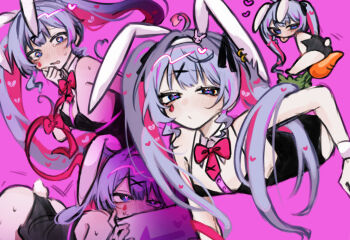 1girl aliasing animal_ears black_leotard blue_eyes blush bow bowtie carrot chibi chibi_inset commentary_request fake_animal_ears fake_tail hatsune_miku heart heart-shaped_pupils highres leotard long_hair multicolored_hair multiple_views pink_background pink_bow pink_bowtie pink_hair playboy_bunny rabbit_ears rabbit_hole_(vocaloid) rabbit_tail siiaka023 simple_background symbol-shaped_pupils tail teardrop_facial_mark twintails two-tone_hair vocaloid
