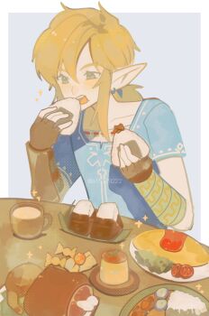 1boy a15179222 blonde_hair blue_eyes blue_tunic boned_meat border brown_gloves candy commentary_request cup earrings eating fingerless_gloves food gloves grey_background hair_between_eyes highres holding holding_food jewelry light_blush link low_ponytail male_focus meat medium_hair nintendo omelet omurice onigiri open_mouth pointy_ears ponytail pudding shirt sidelocks solo table the_legend_of_zelda the_legend_of_zelda:_breath_of_the_wild tunic upper_body white_border white_shirt wrapped_candy