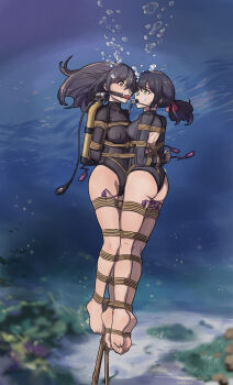 1girl absurdres air_bubble artist_name asphyxiation ass back_cutout bare_legs barefoot bdsm black_hair bodysuit bondage bound breasts bubble clothing_cutout commission dated diving_suit drowning full_body green_eyes highleg highres long_hair long_sleeves looking_at_another medium_breasts nero_augustus ocean original oxygen_tank peril pixiv_commission predicament_bondage rebreather restrained seafloor sex_toy shibari small_breasts turtleneck underwater vibrator wetsuit