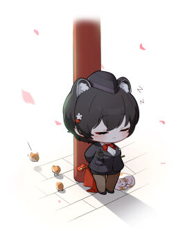 1girl animal animal_ears bird black_hair black_hat black_pantyhose black_shoes black_skirt blue_archive blush bow bowtie cat closed_eyes closed_mouth collared_shirt extra_ears flag hair_between_eyes hat highres holding holding_flag long_sleeves official_alternate_costume pantyhose red_bow red_bowtie shirt shoes short_hair skirt sleeping smile solo sparrow standing torii tsubaki_(blue_archive) tsubaki_(guide)_(blue_archive) uz_(uzru0428) white_shirt