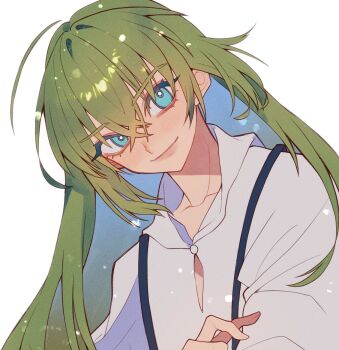 Rule 34 | 1other, ahoge, androgynous, blue hair, blush, buttons, closed mouth, clothing cutout, collarbone, colored inner hair, commentary request, cropped torso, crossed bangs, diamond cutout, enkidu (fate), eyelashes, fate/strange fake, fate (series), fingernails, green hair, hair between eyes, hand up, highres, hooded robe, huge ahoge, kujiraoka, lips, long hair, long sleeves, looking at viewer, multicolored hair, other focus, robe, rope, sidelocks, simple background, smile, solo, upper body, very long hair, white background, white robe, wide sleeves