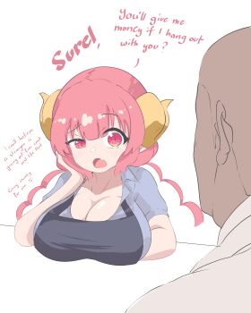 1boy 1girl absurdres apron breast_rest breasts breasts_on_table cleavage dragon_girl dragon_horns english_text fang half-closed_eye highres horns ilulu_(maidragon) jhaysie kobayashi-san_chi_no_maidragon large_breasts long_hair looking_at_another open_mouth pink_hair pointy_ears prostitution red_eyes red_hair sequential shortstack skin_fang slit_pupils twintails white_background