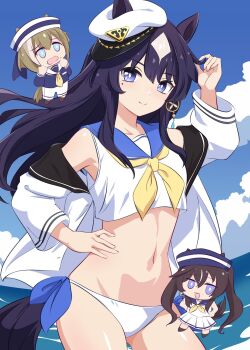 3girls alternate_costume animal_ears blue_eyes blue_hair breasts brown_hair cheval_grand_(umamusume) commentary_request dress ear_covers funamori hair_between_eyes hair_ornament hat heart_ear_ornament highres horse_ears horse_girl horse_tail long_hair looking_at_viewer mole mole_under_eye multicolored_hair multiple_girls navel open_mouth purple_eyes sailor_dress single_ear_cover smile stomach tail twintails umamusume v_sisters verxina_(umamusume) vivlos_(umamusume)