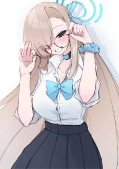 1girl absurdres aqua_bow aqua_bowtie aqua_ribbon asuna_(blue_archive) asuna_(school_uniform)_(blue_archive) asymmetrical_bangs bespectacled black-framed_eyewear black_choker black_skirt blonde_hair blue_archive blush bow bowtie breasts button_gap choker commentary dress_shirt glasses gyaru hair_over_one_eye hair_ribbon halo highres kogal large_breasts long_hair looking_at_viewer loose_bowtie nya_(xduy2738) official_alternate_costume one_eye_covered pleated_skirt ribbon round_eyewear scrunchie shirt shirt_tucked_in simple_background skirt skirt_rolled_up smile solo straight_hair very_long_hair white_background white_shirt wrist_scrunchie