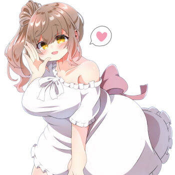 Rule 34 | 1girl, bare shoulders, blush, breasts, brown hair, cevio, konbu latte, large breasts, long hair, looking at viewer, open mouth, plump, sasara sato, side ponytail, smile, solo, voiceroid, wide hips, yellow eyes