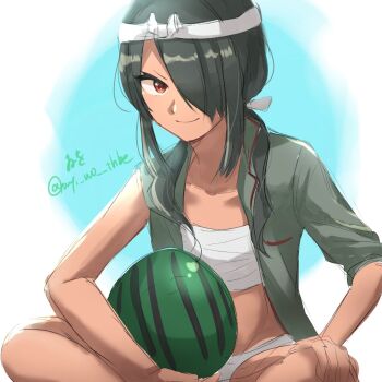 Rule 34 | 1girl, black hair, ecchuu fundoshi, food, fruit, grey shirt, hair over one eye, hair over shoulder, headband, highres, kantai collection, kumano maru (kancolle), kumano maru kai (swimsuit) (kancolle), long hair, looking at viewer, one-hour drawing challenge, one eye closed, open clothes, open shirt, red eyes, sarashi, shirt, sitting, smile, solo, watermelon, wiwo