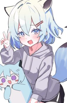 1girl :d alternate_costume animal animal_ears animalization bad_id bad_twitter_id black_shorts blue_archive blue_hair blush blush_stickers grey_hoodie hair_ornament hairclip hand_up hood hoodie long_sleeves looking_at_viewer open_mouth person_and_animalization poko050498 ponta_itachi purple_eyes shigure_(blue_archive) short_hair shorts smile tail v weasel weasel_ears weasel_tail white_background