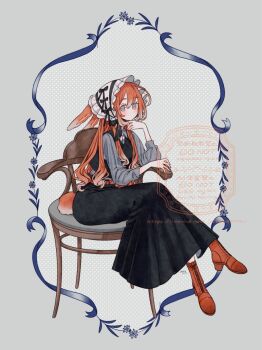 1girl animal_ears armchair black_skirt black_vest blush bonnet boots border chair chinstrap closed_mouth collared_shirt crossed_legs frilled_bonnet frills full_body grey_background grey_eyes grey_shirt hand_on_own_chin high_heel_boots high_heels lace-up_boots limo_nine long_hair long_skirt looking_at_viewer on_chair original ornate_border outside_border rabbit_ears rabbit_girl rabbit_tail red_boots red_hair shirt sitting skirt solo tail vest watermark white_bonnet