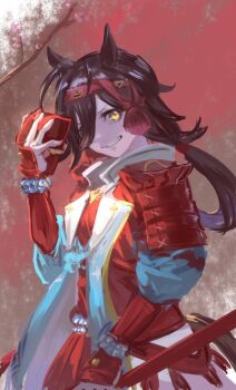 1girl animal_ears antenna_hair armor branch brown_hair coat grin headband highres horse_ears horse_girl horse_tail inishie_kumo japanese_armor kote long_hair looking_at_viewer looking_to_the_side no_reason_(umamusume) open_clothes open_coat red_coat red_shirt red_skirt shirt shoulder_armor skirt smile sode solo tail tassel umamusume upper_body v-shaped_eyebrows yellow_eyes