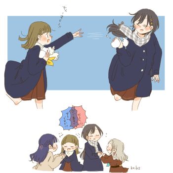 4girls aqua_neckerchief black_hair blue_coat blue_hair blue_ribbon braid brown_dress brown_hair ceras_yanagida_lilienfeld coat commentary_request dress flying_sweatdrops gingham_scarf grey_hair grey_scarf hair_ornament hair_ribbon half_up_braid half_updo hasu_no_sora_school_uniform holding holding_snowball jiangshi_costume kachimachi_kosuzu kase_(ks_lys) katsuragi_izumi link!_like!_love_live! long_hair long_sleeves love_live! medium_dress multiple_girls murano_sayaka neckerchief open_clothes open_coat pink_ribbon pleated_dress red_ribbon ribbon sailor_collar sailor_dress scarf school_uniform snowball snowball_fight triangle_hair_ornament twitter_username virtual_youtuber white_sailor_collar white_scarf winter_clothes winter_coat winter_uniform